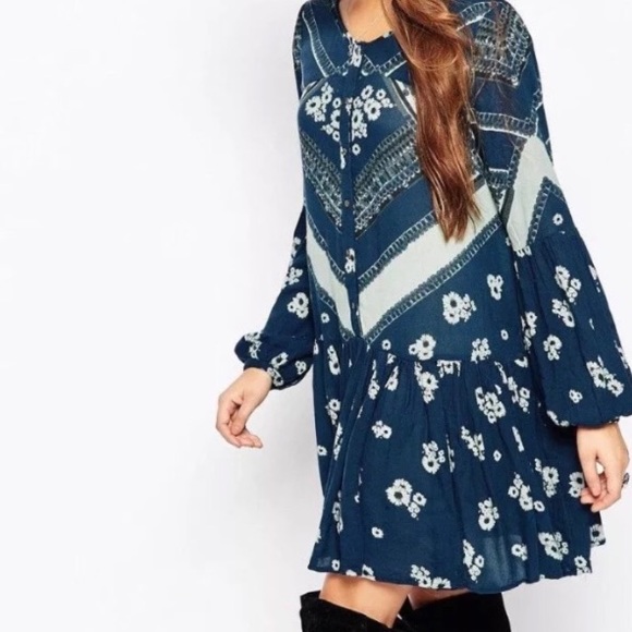 Dresses & Skirts - Printed Swing Mini DRESS Longsleeve Blue Grey